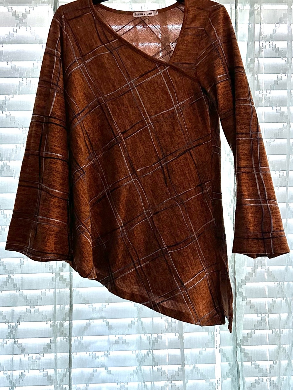 Figueroa & Flower Rust Brown Plaid Asymmetric Tunic Blouse Sz M